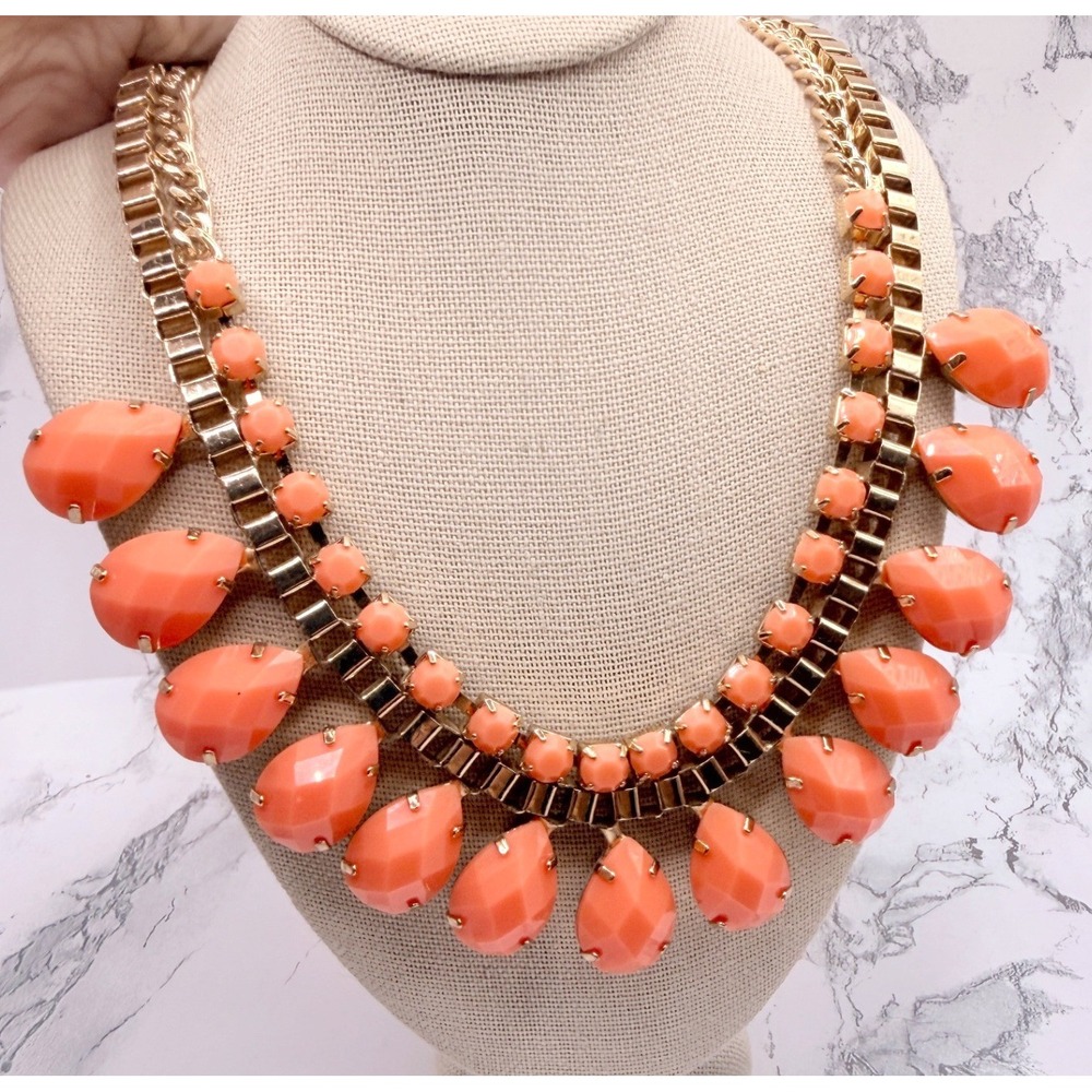 Orange Faceted Teardrop Bib Necklace Gold Tone Dual Chain Statement 18"